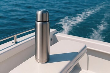 Metal thermos on boat deck with ocean in background