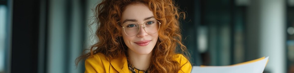 Fototapeta premium Young caucasian female professional smiling with confidence in office setting