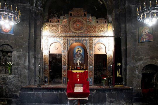 Interior of Sevanavank Monastery in Armenia with richly decorated altar and religious icons, Lake Sevan region, 2025