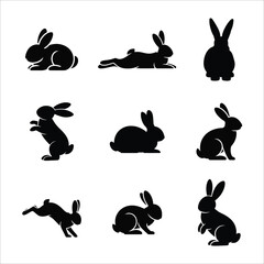 Collection of a Simple Silhouette of a Cute Rabbit in Different Poses, Vector Illustration of a Bunny for Easter Holiday, Springtime