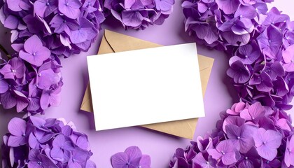 Blank card surrounded by purple hydrangeas