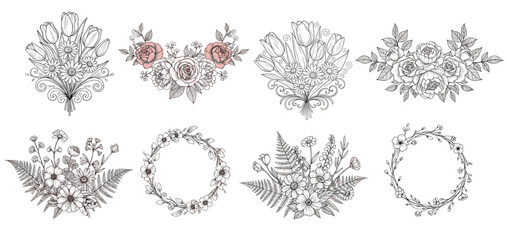 Elegant hand-drawn vintage vector illustrations of spring flower compositions, featuring tulips, daisies, roses, peonies, wildflowers, and minimalist floral wreaths with delicate botanical details and