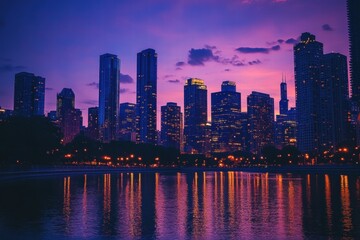 Obraz premium Urban skyline at night with water reflection