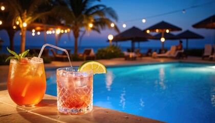 Exotic cocktails by pool bar at dusk create vacation vibe. Festive poolside night party atmosphere under moonlit sky. Palm trees, string lights, lounge chairs set tropical resort scene.