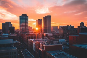 Obraz premium Silhouetted city buildings at golden sunrise