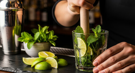 Close-up of a bartender preparing a mojito cocktail, muddling fresh mint and lime in a glass on a dark bar counter
