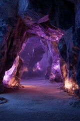 Mystical ice cave with glowing purple and blue crystals