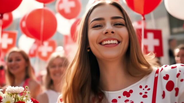 A smiling woman holds a card surrounded by red balloons with white crosses A joyous celebration radiates positivity and national pride in a festive outdoor
