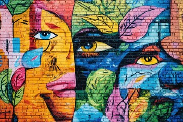 Urban mural combining faces and floral shapes