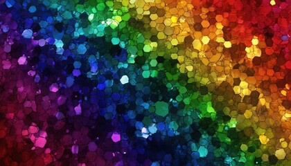 Obraz premium Vibrant abstract background of luminous hexagonal mosaic in rainbow gradient. Geometric shapes with colorful, bright, iridescent texture forms modern digital art design. Dynamic pattern, symmetry.