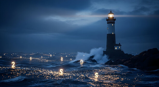 A serene lighthouse stands tall against a stormy night sky, with mysterious glowing numbers floating on the dark ocean waves. - Powered by Adobe
