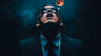 Fototapeta premium A dramatic human portrait with striking illumination, capturing a man in shades gazing upward at a vibrant crimson orb in a smoky, mysterious setting, ideal for conceptual art or print.