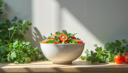 Fresh tomato and parsley salad in a simple style, in red and green colors, representing a healthy side dish [with copy space].