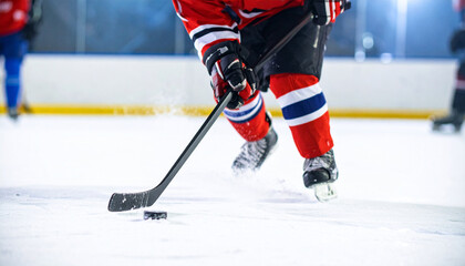 Fototapeta premium Ice hockey player with stick and puck during game action, AI-generated