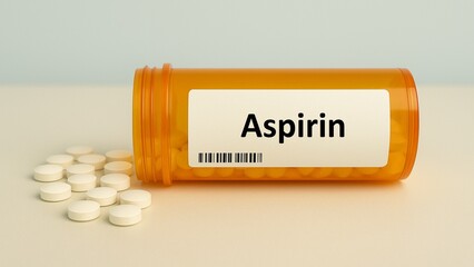 Box of ASPIRIN tablets placed on pharmacy counter for pain relief and cardiovascular protection
