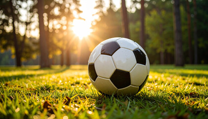 Obraz premium Soccer Ball on Dewy Grass at Sunrise – Sports Background – AI-generated