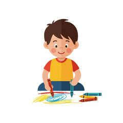 A young boy with brown hair is drawing on a white sheet of paper with colorful crayons.