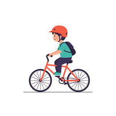 Naklejka premium A young boy with a backpack rides a red bicycle, wearing an orange helmet, against a white background.