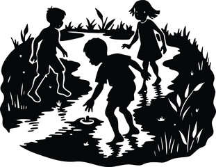 Silhouette of Kids Playing in Stream, Children in nature silhouette