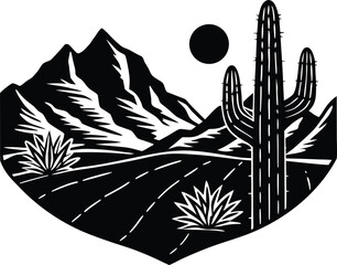 Silhouette of Lone Cactus in Valley, Desert plant silhouette