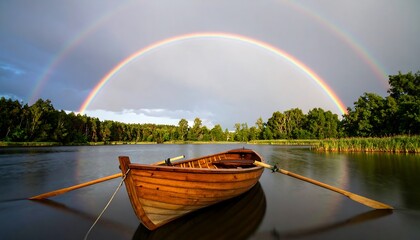 Wooden boat on lake with double rainbow