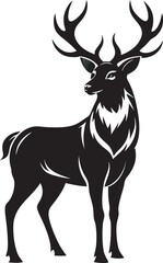 Obraz premium A striking black silhouette of a stag with impressive antlers, standing proudly isolated on a clean white background.