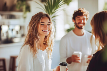 Young woman smiling and holding coffee cup in bright space with friends talking in the background. Concept of cheerful everyday moments, morning connection and casual meetups in modern social settings