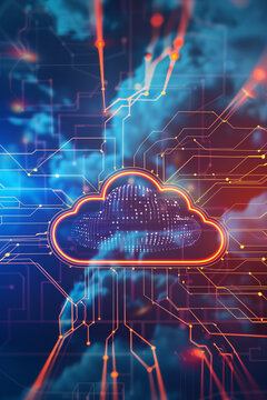 A futuristic cloud data system is depicted with digital networking and glowing connections for advanced online technology and modern resources.