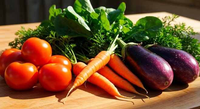 A still life of fresh vegetables including tomatoes carrots eggplants and leafy greens on a wooden surface