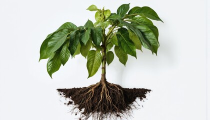 Close-up of young arabica coffee plant with developed root system ready for transplanting. Healthy green leaves and vibrant roots shown against clean white backdrop, signifying growth and cultivation.