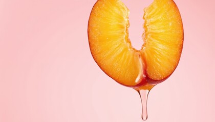Juicy peach slice with dripping nectar. Close-up of sweet, refreshing fruit. Healthy organic food with vibrant color. Summer refreshment, rich in vitamins and delicious flavor.