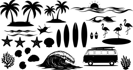 A tropical beach and surf-themed vector set with palm trees, waves, surfboards, a van, flamingos, and ocean elements in a bold black silhouette style.	