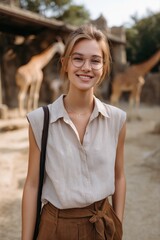 Young caucasian female smiling at zoo with giraffes in background