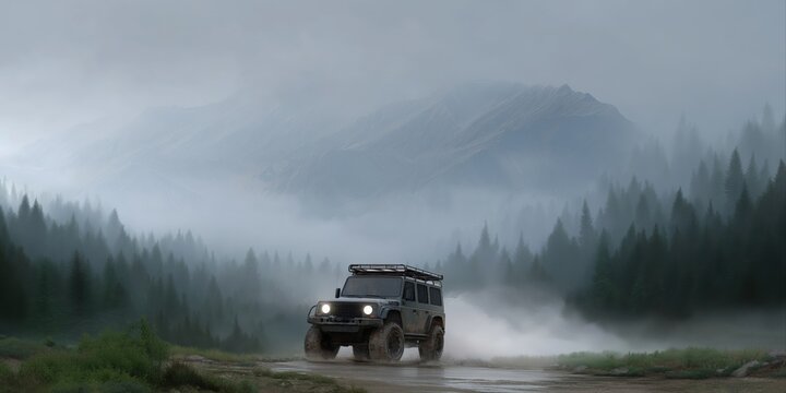 Off-road adventure in misty mountain landscape with foggy forest and rugged suv - Powered by Adobe