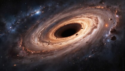 Massive black hole at galaxy center, cosmic debris pulled into gravitational abyss. Swirling vortex destruction, end of worlds. Dark, infinite space, stellar matter, celestial event, powerful force,