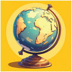 Stylized Illustration of a Vintage Globe on a Bright Yellow Background, Representing Global Exploration and Knowledge