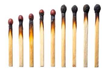 a series of nine matchsticks in varying stages isolated on white background, png, ai generated.