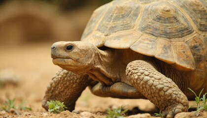 Fototapeta premium African Spurred Tortoise portrait captures detailed reptile shell texture. Majestic animal, likely for wildlife conservation educational purposes. Macro view shows intricate scales, skin patterns,