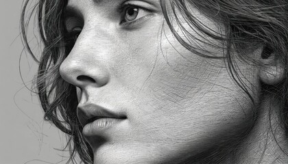 Close-up monochrome illustration of woman face transitioning into abstract digital lines, dots. Artwork explores themes of technology, data transformation, artificial intelligence. Features serene