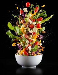 Exploding salad ingredients fly into white bowl. Fresh colorful vegetables, feta cheese, cherry tomatoes, bell peppers, lettuce create vibrant display. Healthy eating, diet, recipe inspiration.