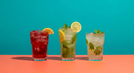 An assortment of three colorful summer mocktails in a row on a vibrant teal and coral background under hard light
