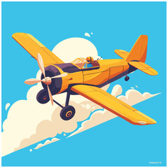A vibrant yellow propeller airplane soaring through a clear blue sky with fluffy clouds. A vector illustration of classic aviation.