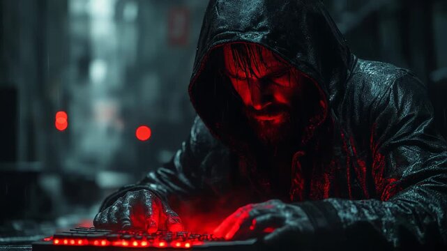 A hooded figure intensely working on a computer with a glowing red keyboard