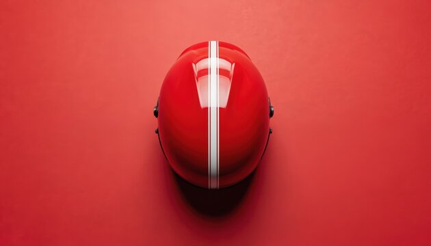 Top view of shiny red motorcycle helmet with white racing stripes on solid red background. High-performance safety gear offers superior head protection for riders. Ideal for motorcyclists, racing