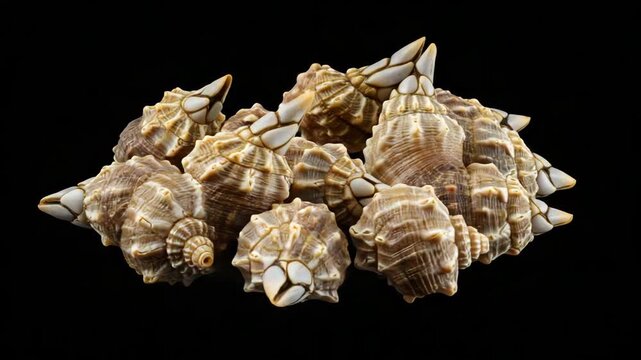 An array of intricately textured seashells creating a natural cluster. 