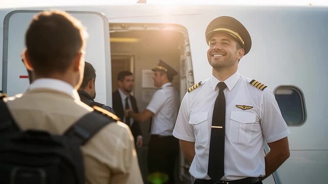 Friendly airline pilot greeting passengers with warm smile inside aircraft cabin during commercial flight boarding process