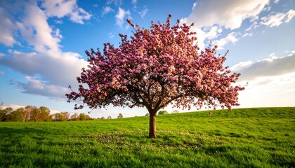 Blooming pink tree in spring field