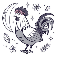 Cute Content Rooster, accessorized with with a flower crown, in a Starlight Ball world – Lunar Elegance palette vector