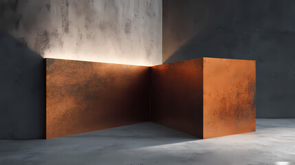 Burnished copper structure intersecting matte concrete base