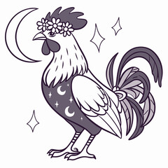 Cute Content Rooster, accessorized with with a flower crown, in a Starlight Ball world – Lunar Elegance palette vector